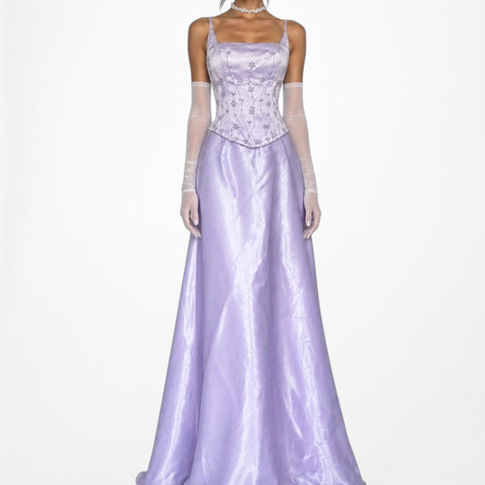 Vintage Y2K Pastel Purple Floral Beaded Satin Flared Corset Maxi Prom Dress S