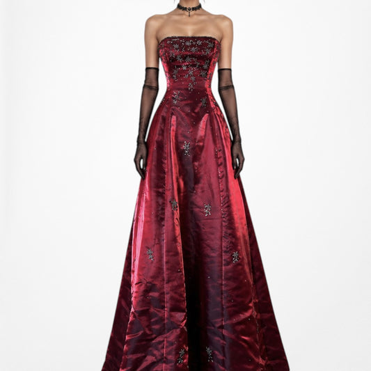 Vintage Y2K Burgundy Red Floral Beaded Satin Strapless Maxi Prom Dress Size XS/S
