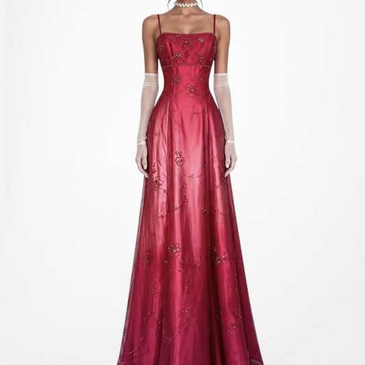 Vintage Y2K 90s Pink Floral Beaded Ombre Satin Mesh Maxi Prom Dress Size XS/S