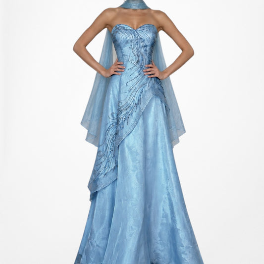 Vintage Y2K Blue Strapless Beaded Flared Tulle Maxi Formal Prom Dress Size M/L