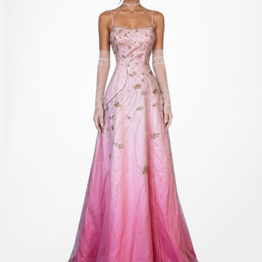 Vintage Y2K Pink Ombre Floral Beaded Mesh Flared Formal Maxi Prom Dress Size M/L