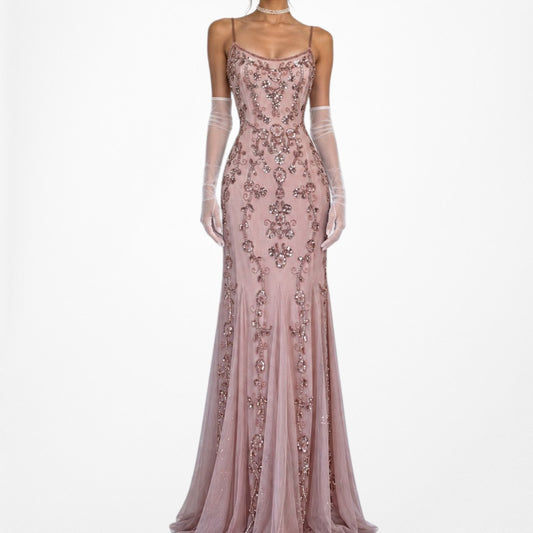 Vintage Pastel Pink Floral Beaded Sequin Maxi Bodycon Prom Dress Size S