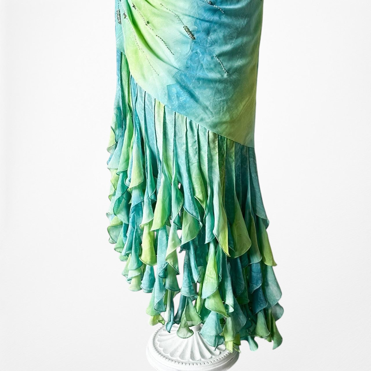 Vintage Y2K Blue Green Halter Neck Ruffle Beaded Midi Dress Size S/M