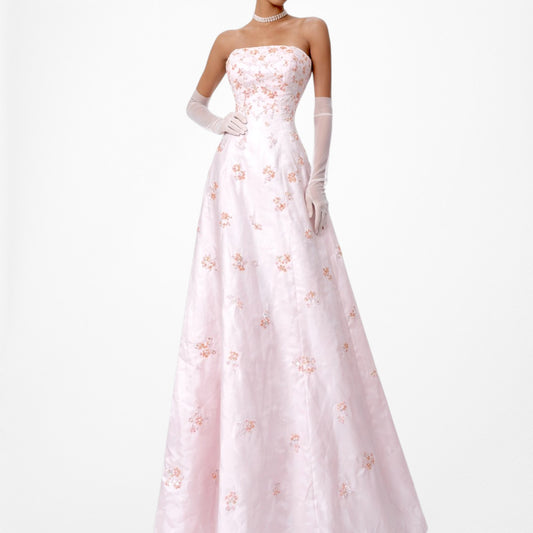 Vintage Y2K Baby Pink Strapless Floral Beaded Flared Maxi Prom Dress Size S