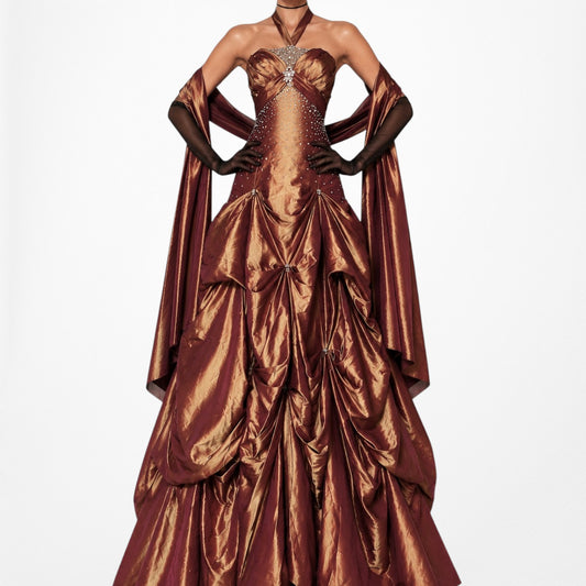 Vintage Y2K Copper Brown Halter Beaded Satin Flared Maxi Prom Dress Size XS/S