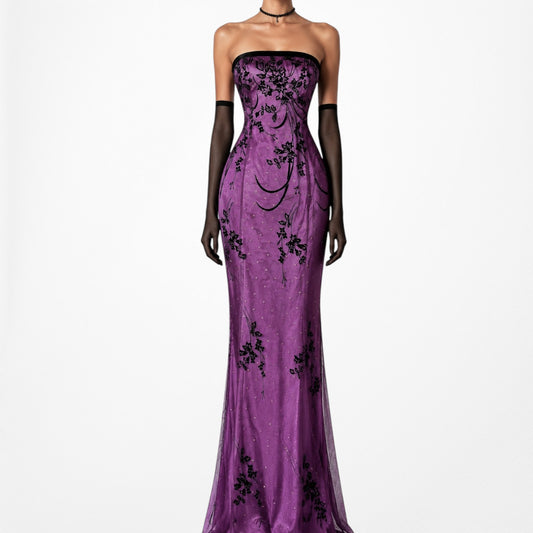 Vintage Y2K Purple Black Strapless Mesh Floral Velvet Maxi Prom Dress Size M/L