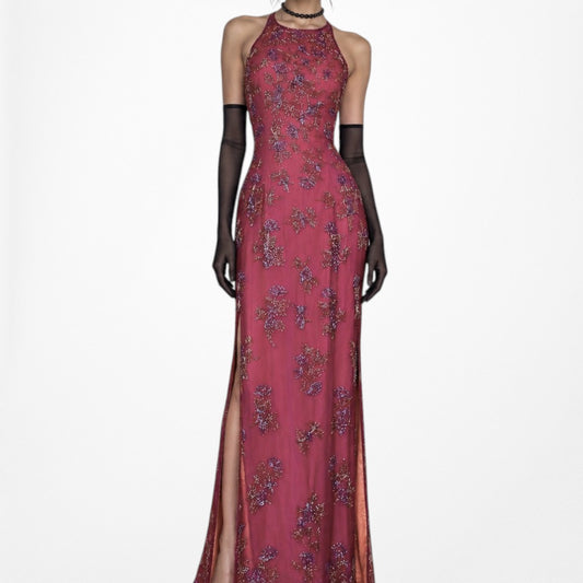 Vintage Y2K Floral Beaded Double Slits Silk Bodycon Maxi Prom Dress Size S
