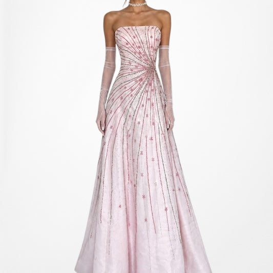 Vintage Y2K Pastel Pink Beaded Strapless A-Line Flared Maxi Prom Dress Size S/M