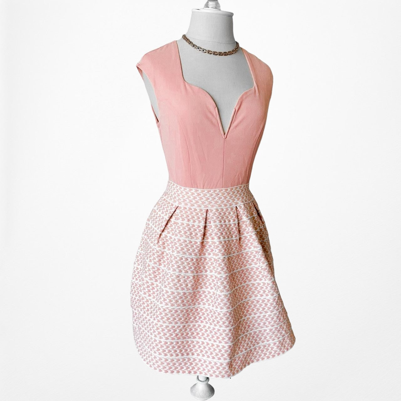 AGACI Pink Pleated Knit Checkered Flared Mini Cocktail Dress Size S/M