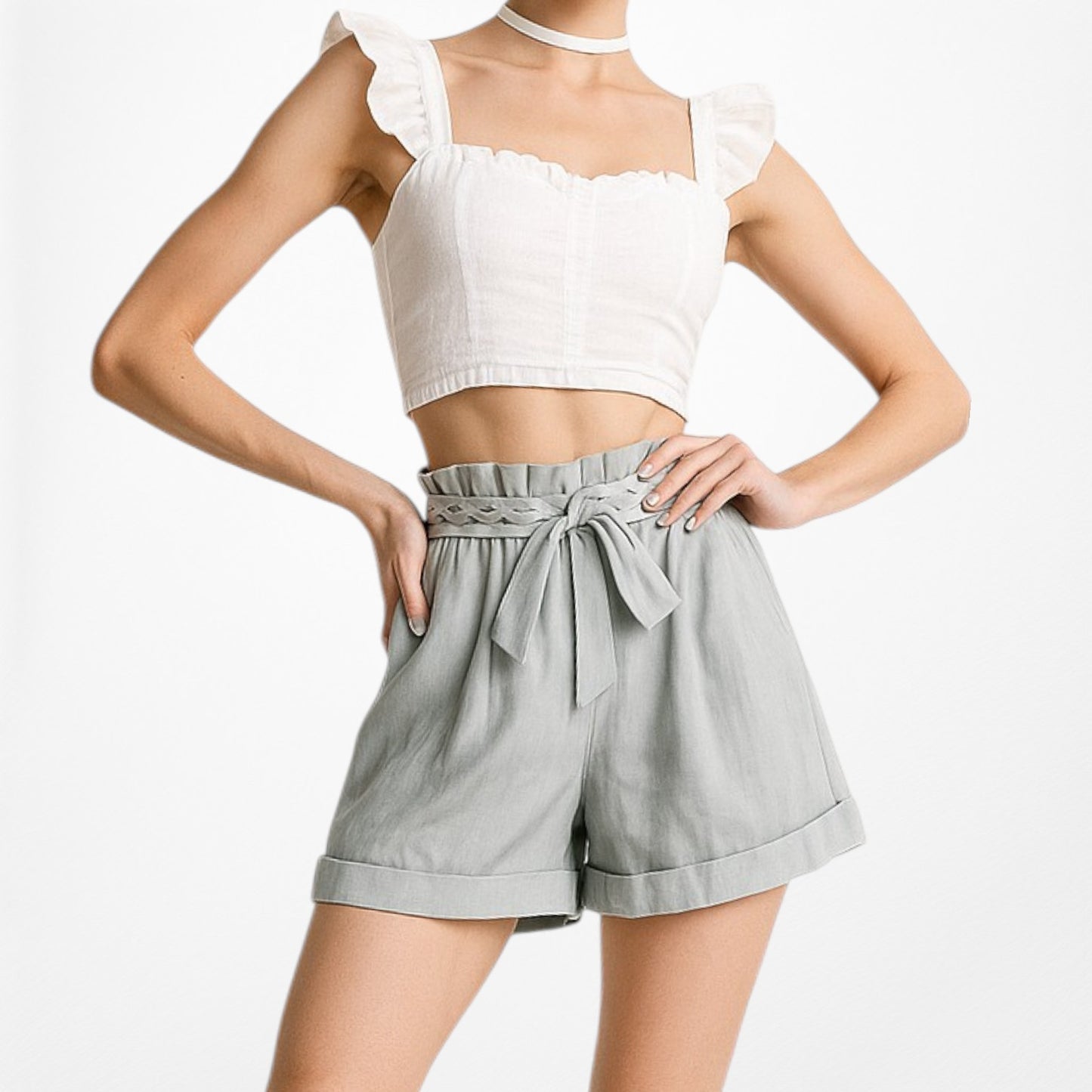 Vintage Y2K Gray High Waisted Paperbag Style Waist Tie Casual Shorts Size XS/S