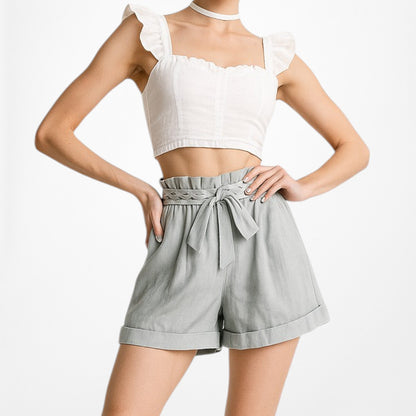 Vintage Y2K Gray High Waisted Paperbag Style Waist Tie Casual Shorts Size XS/S