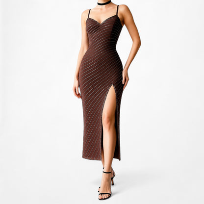 Vintage Brown Beaded Silk Knee Length Thigh High Side Slit Bodycon Dress Size XS