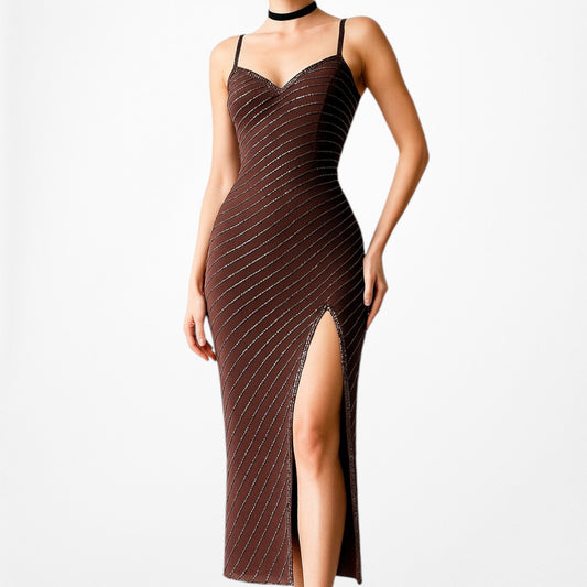 Vintage Brown Beaded Silk Knee Length Thigh High Side Slit Bodycon Dress Size XS