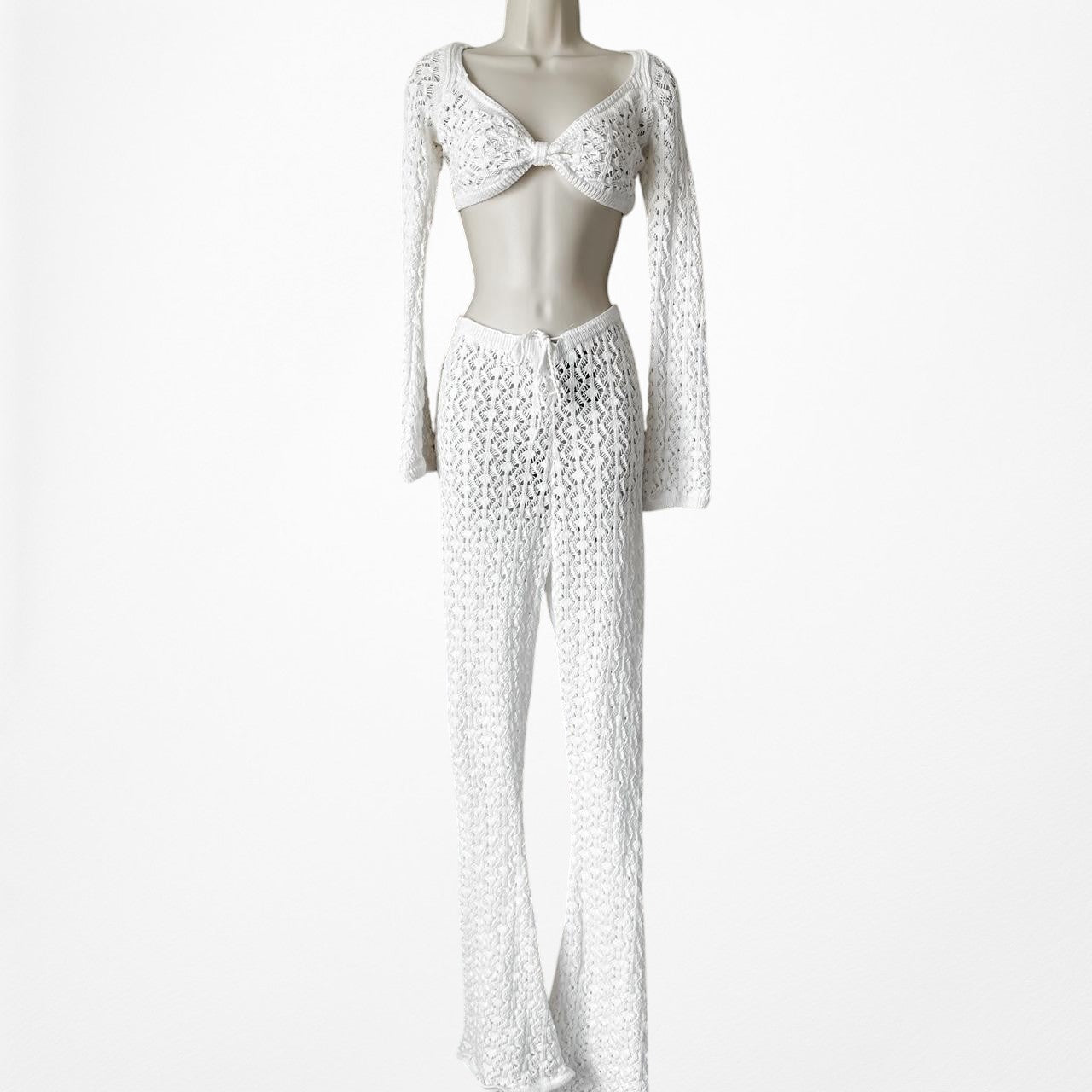 Nakd White Crochet Long Sleeve Crop Top Flared Pants Two Piece Set Size XS/S