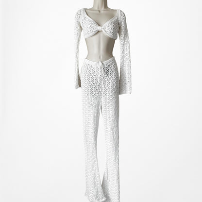 Nakd White Crochet Long Sleeve Crop Top Flared Pants Two Piece Set Size XS/S
