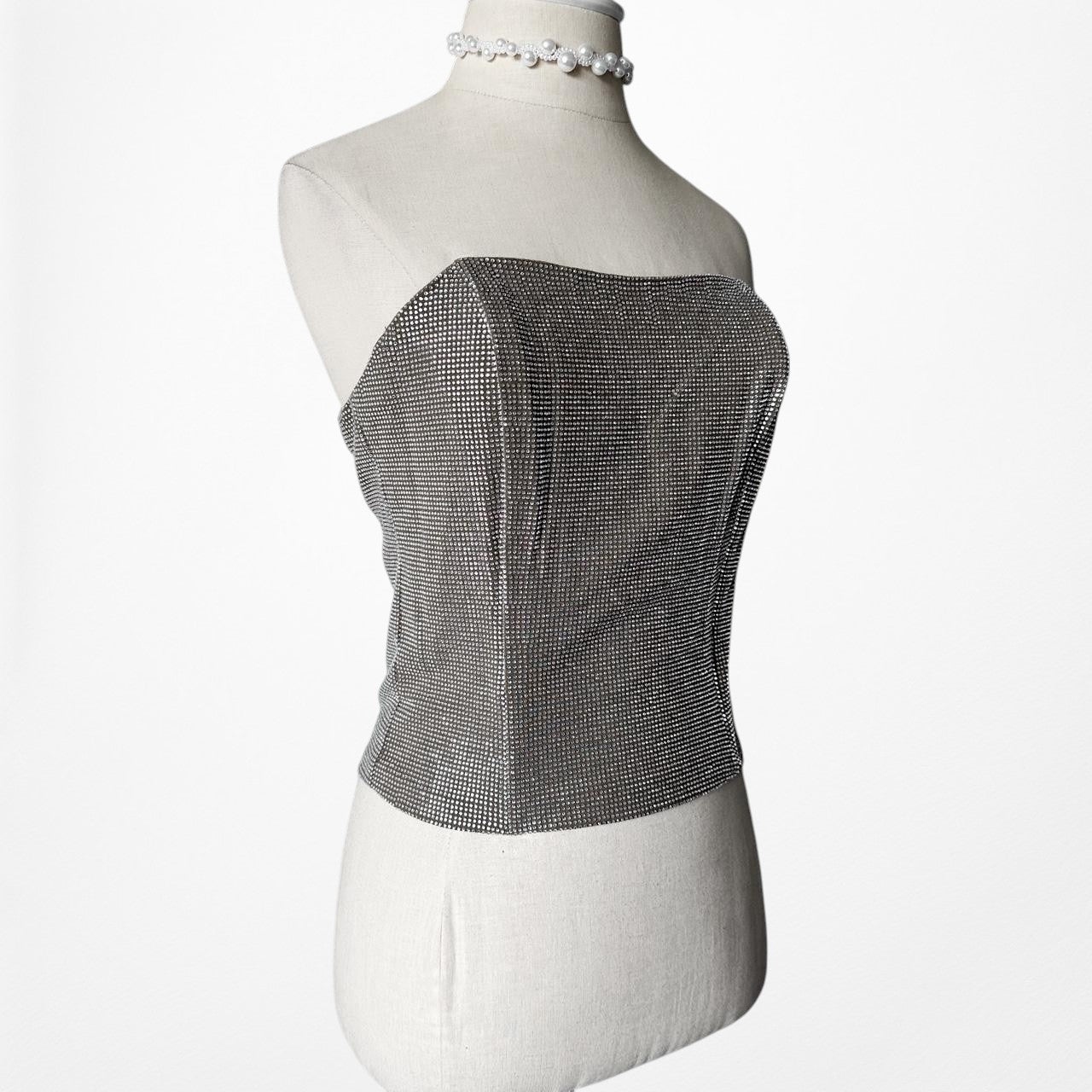 Fashion Nova Silver Gray Metallic Bustier Corset Rhinestone Crop Top Size M