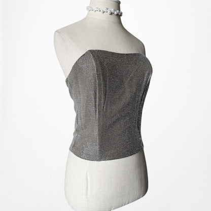 Fashion Nova Silver Gray Metallic Bustier Corset Rhinestone Crop Top Size M