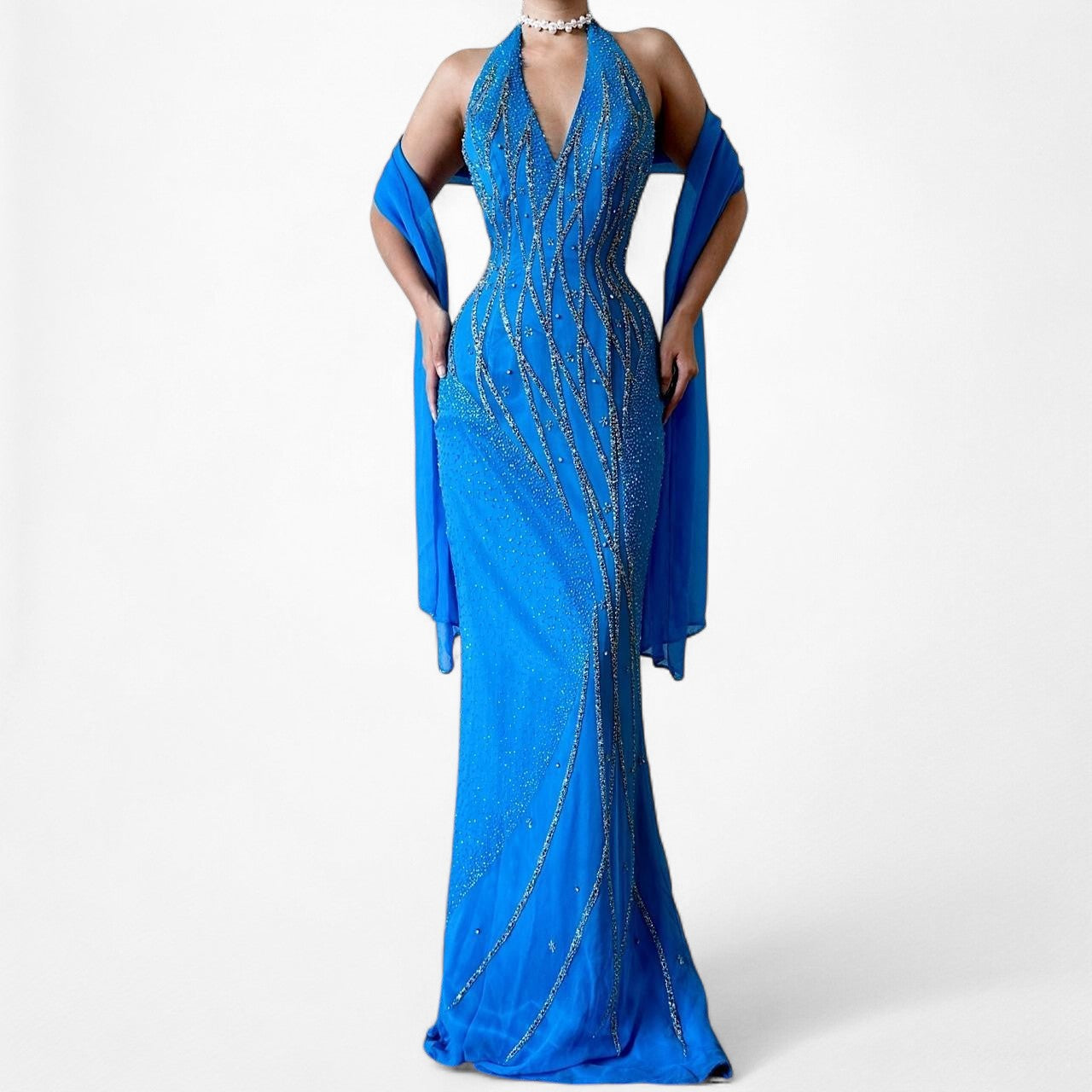 Vintage Blue Silk Beaded Scarf Halter Maxi Bodycon Prom Dress Size S/M