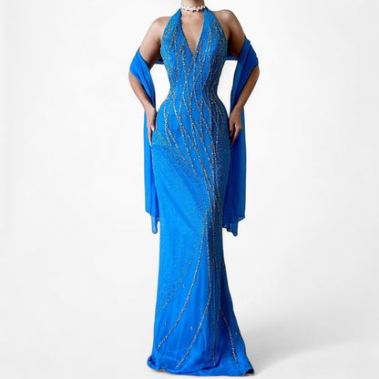 Vintage Blue Silk Beaded Scarf Halter Maxi Bodycon Prom Dress Size S/M