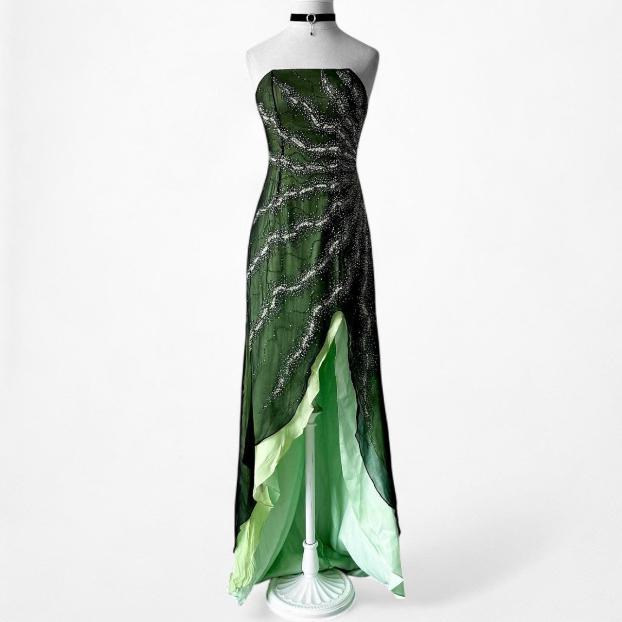 Vintage Green Strapless Silk Beaded High Low Mesh Maxi Flared Dress Size S