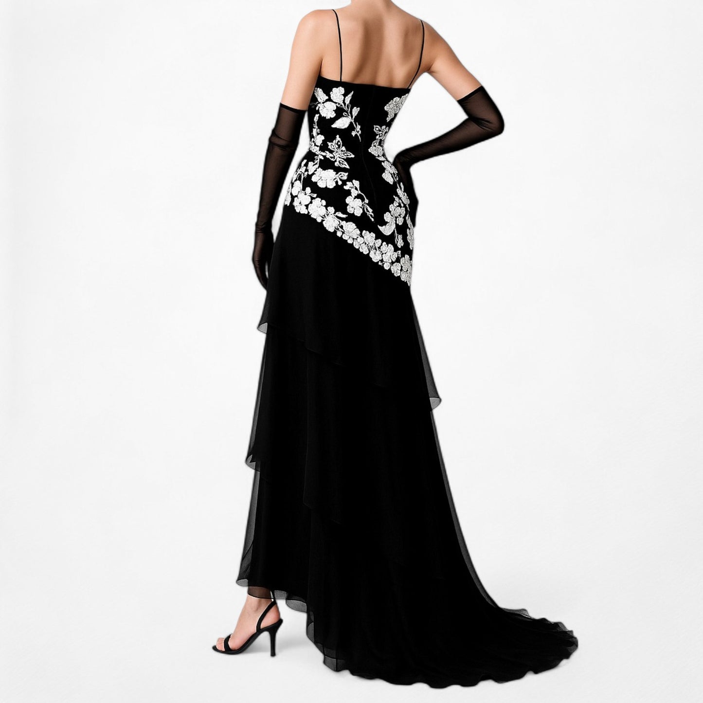 Black White Silk Floral Beaded Ruffle Fit Flared Maxi Prom Dress Size S