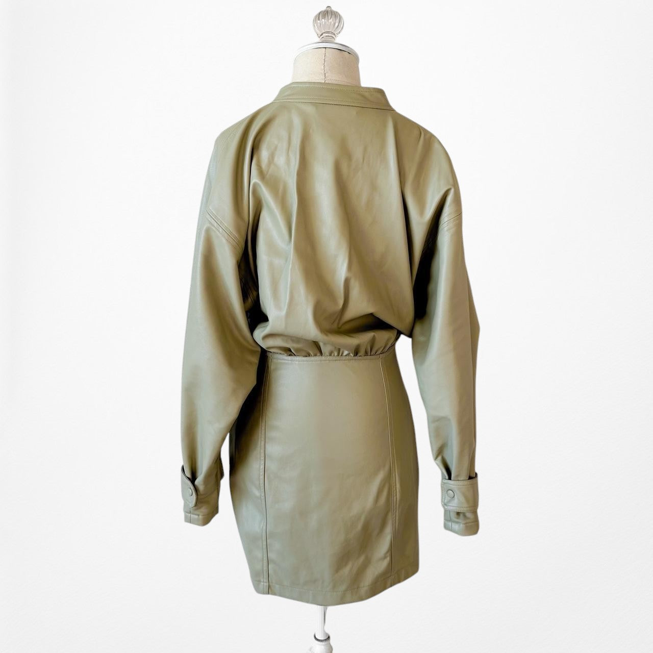 Zara Green Long Sleeve Faux Leather Utility Cargo Style Mini Dress Size S