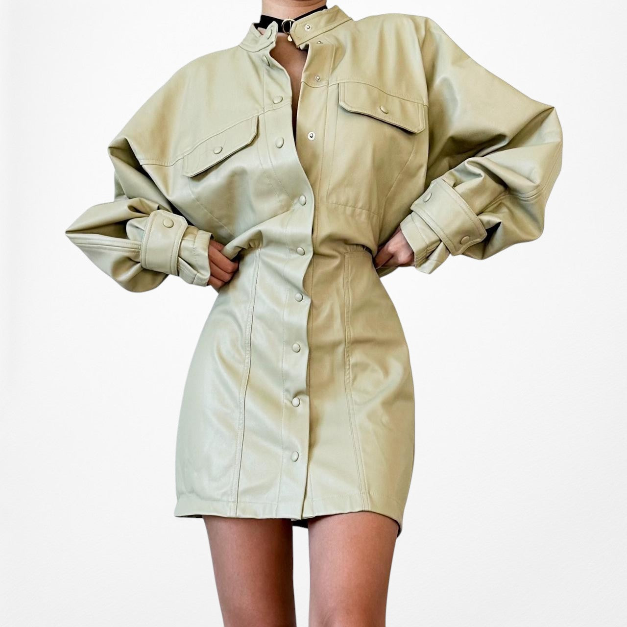 Zara Green Long Sleeve Faux Leather Utility Cargo Style Mini Dress Size S