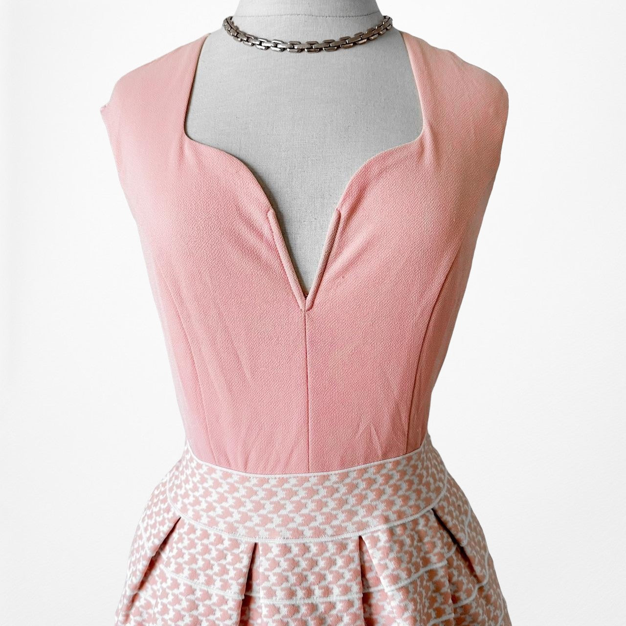 AGACI Pink Pleated Knit Checkered Flared Mini Cocktail Dress Size S/M