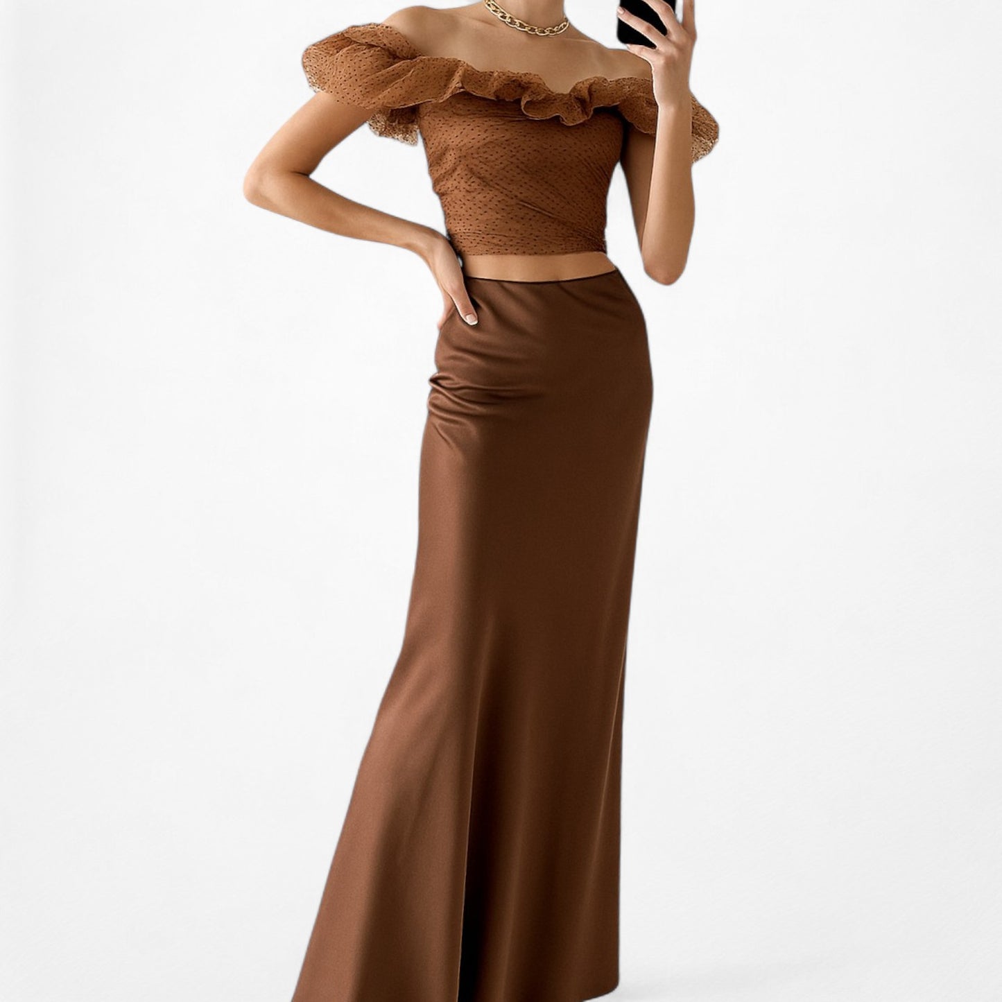 Zara Brown Polka Dot Off The Shoulder Tulle Flared Crop Top Size XS/S