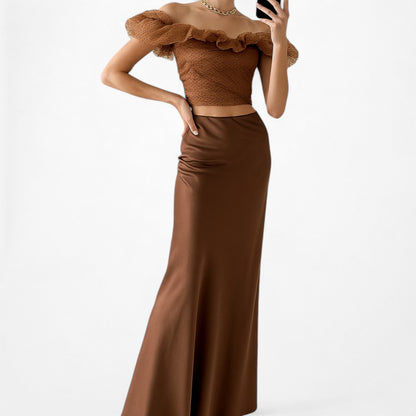 Zara Brown Polka Dot Off The Shoulder Tulle Flared Crop Top Size XS/S