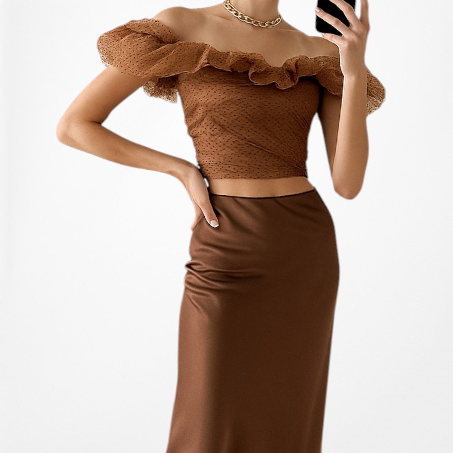 Zara Brown Polka Dot Off The Shoulder Tulle Flared Crop Top Size XS/S