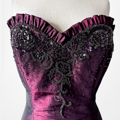 Vintage Burgundy Red Strapless Beaded Satin Ruffle Flared Maxi Prom Dress Size M