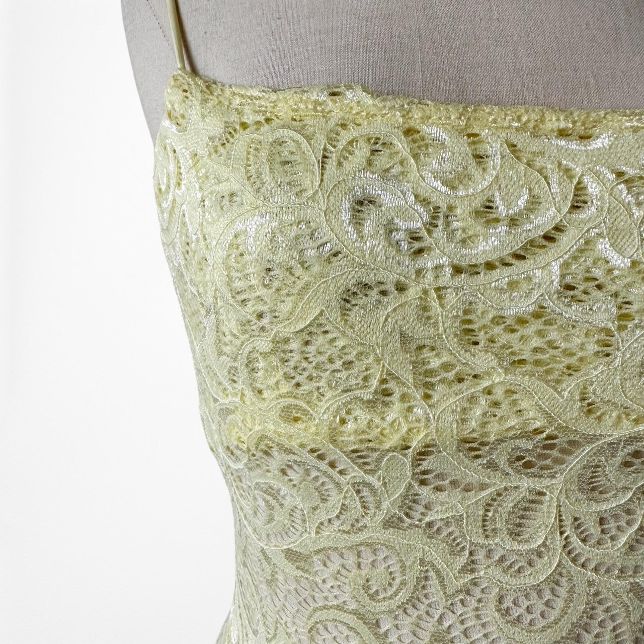 White Fox Boutique Yellow Sheer Lace Maxi Bodycon Dress Flower Neck Tie Size XS