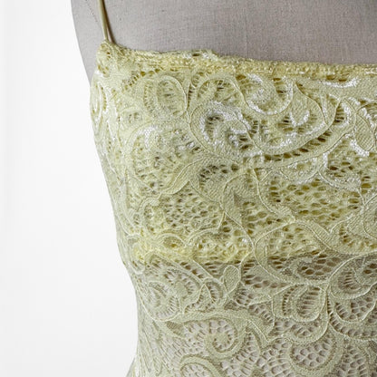 White Fox Boutique Yellow Sheer Lace Maxi Bodycon Dress Flower Neck Tie Size XS