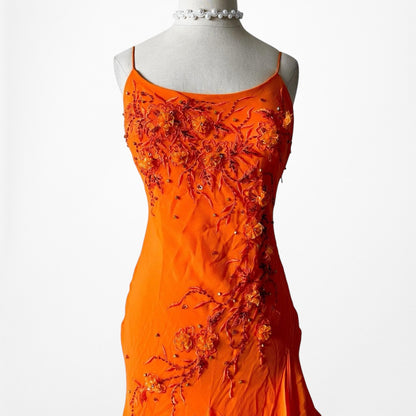 Orange Silk Floral Applique Beaded Tulle Fit Flared Midi Prom Dress Size S