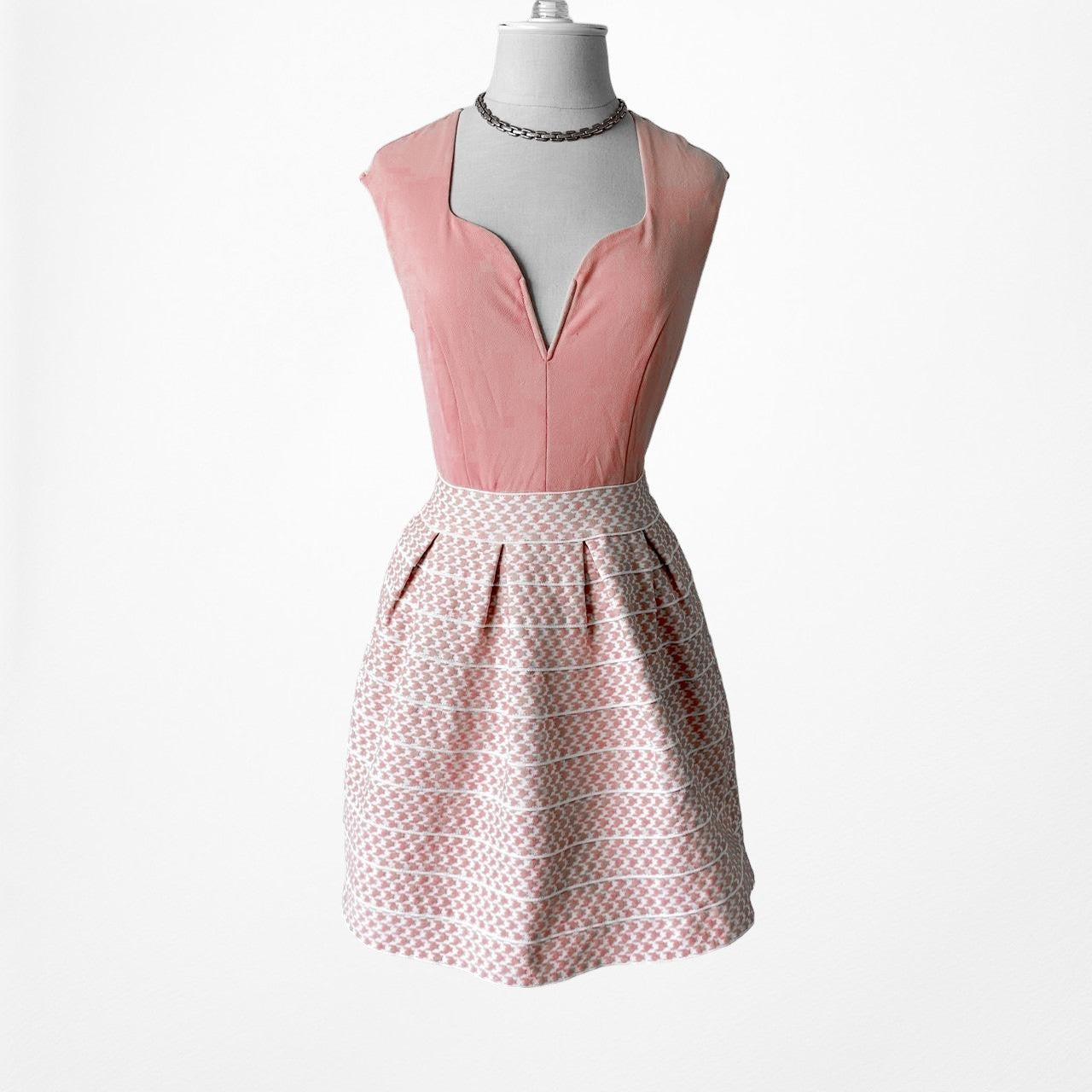 AGACI Pink Pleated Knit Checkered Flared Mini Cocktail Dress Size S/M