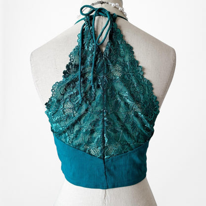 Free People Blue Halter V-Neck Lace Detail Cami Tank Casual Crop Top Size M