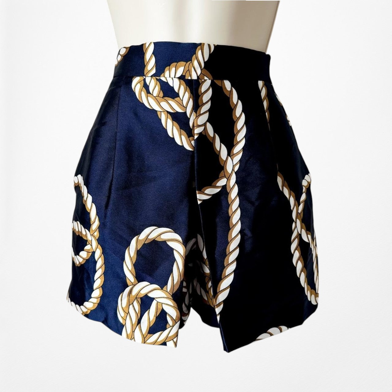 Zara Navy Blue High Waisted Nautical Print Pleated Detail Summer Shorts Size XS