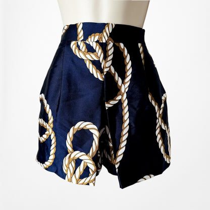 Zara Navy Blue High Waisted Nautical Print Pleated Detail Summer Shorts Size XS