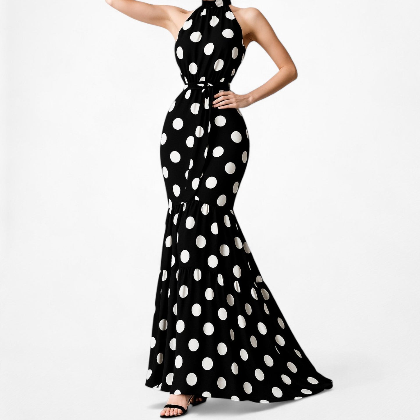 Mango Black White Turtleneck Polka Dot Fit Flared Maxi Sundress Dress Size XS/S