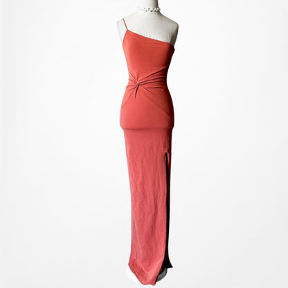 Nookie Orange One Shoulder Bodycon Side Slit Pleated Cocktail Maxi Dress Size XS