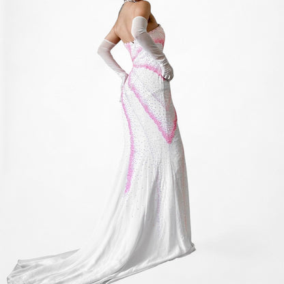 Vintage White Pink Beaded Strapless Bodycon Maxi Prom Dress Size S/M