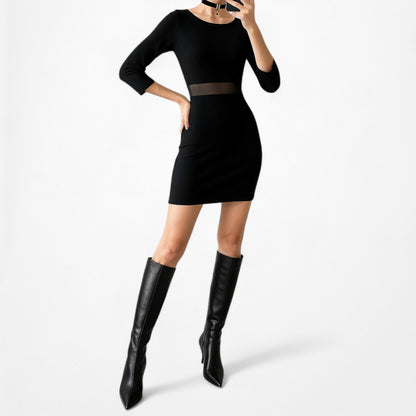 Vintage Y2K Black Mesh Cutout 3/4 Sleeve Knit Bodycon Mini Dress Size M