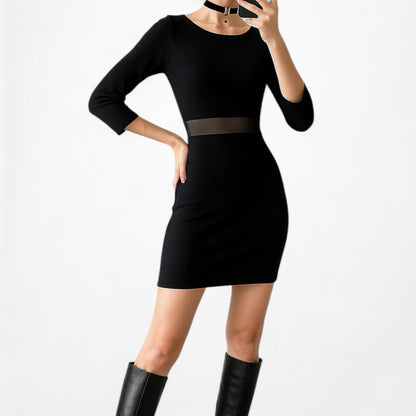 Vintage Y2K Black Mesh Cutout 3/4 Sleeve Knit Bodycon Mini Dress Size M