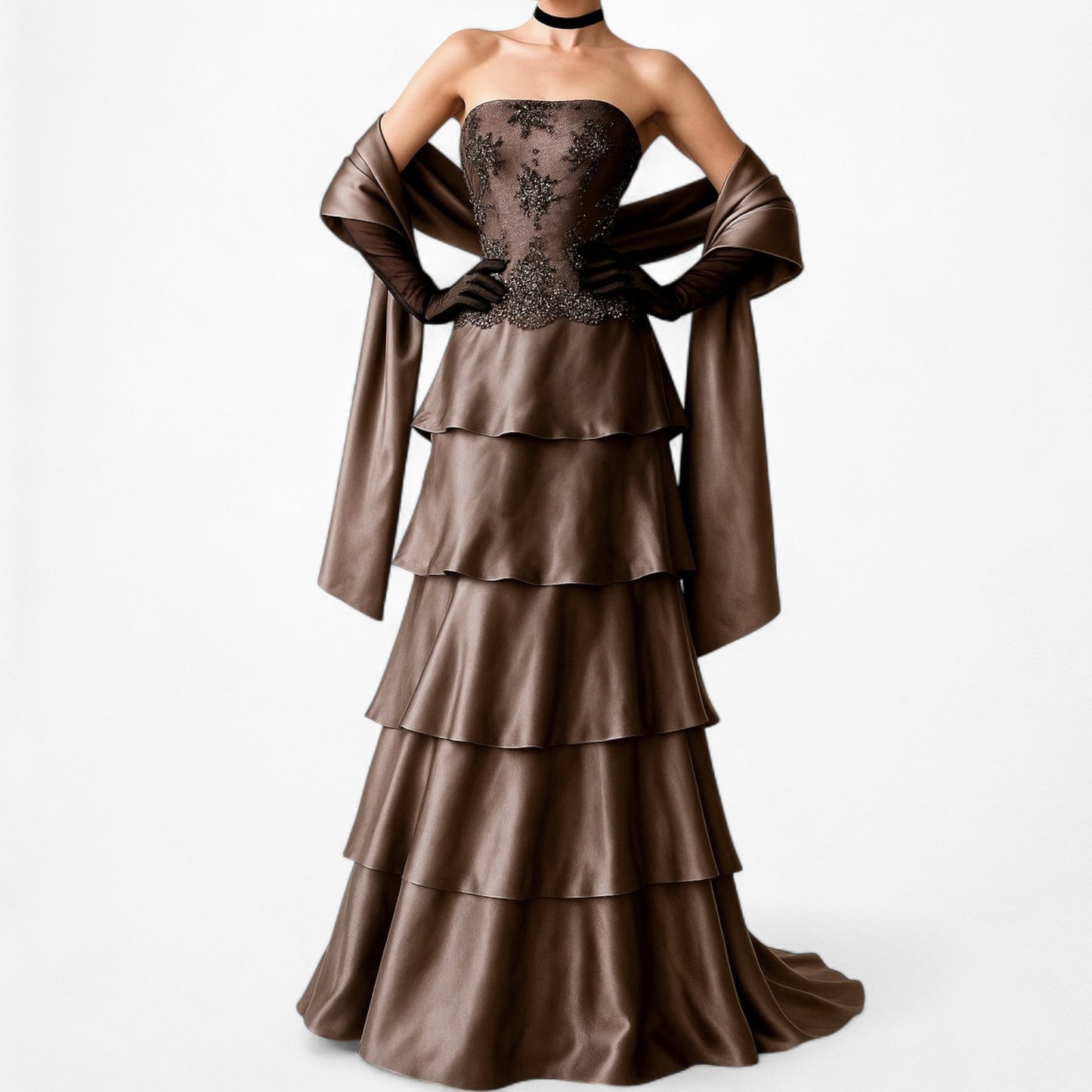 Vintage Brown Silk Strapless Beaded Mesh Ruffle Flared Prom Dress Size M