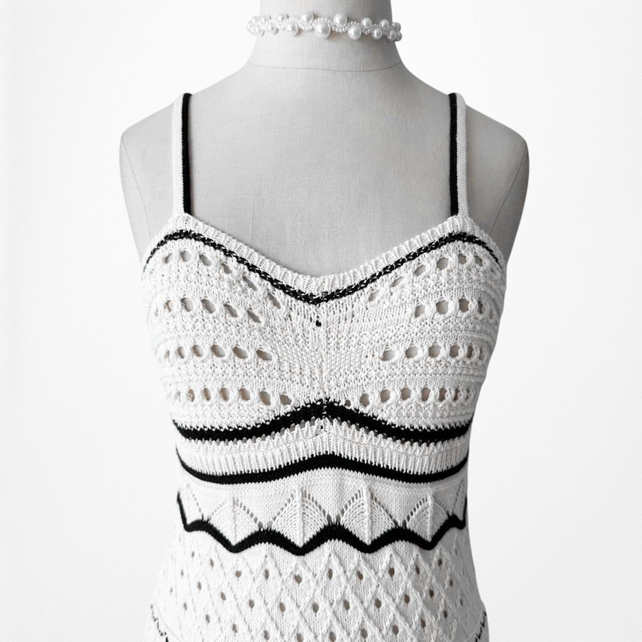 Black White Crochet Knit Bodycon Striped Midi Dress Size S