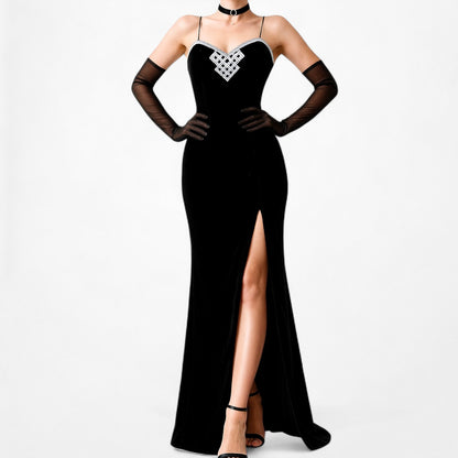 Vintage Black Velvet Rhinestone Side Slit Maxi Bodycon Prom Dress Size XS/S