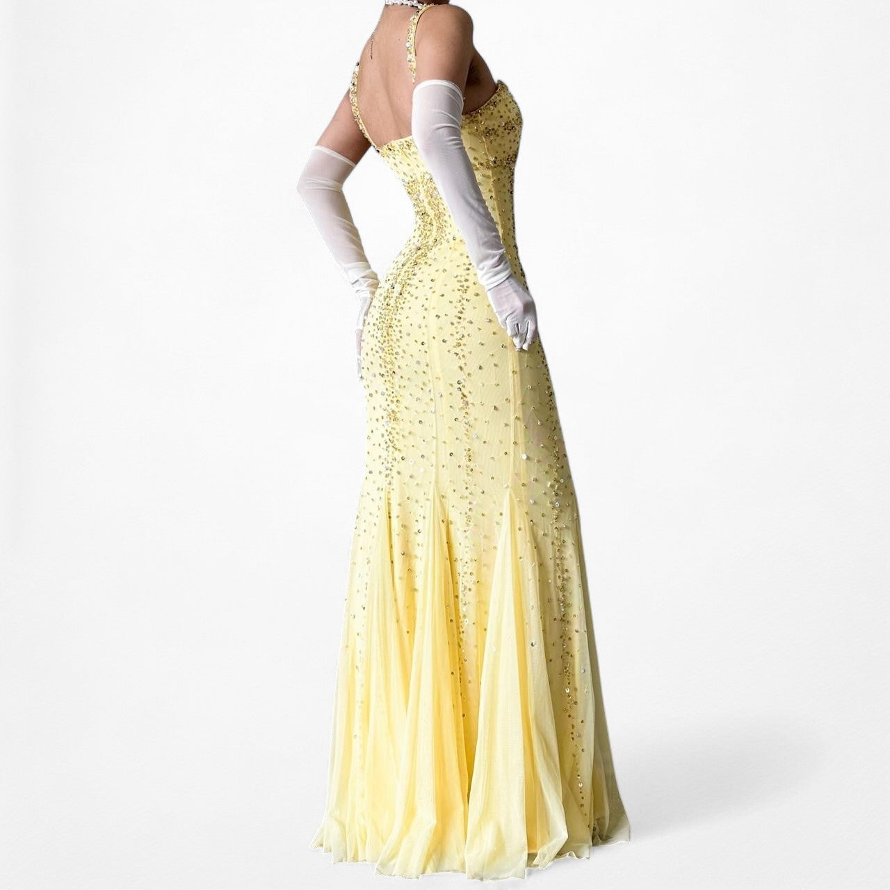 Vintage Yellow Beaded Mesh Bodycon Maxi Prom Dress Size XS/S