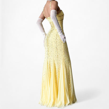 Vintage Yellow Beaded Mesh Bodycon Maxi Prom Dress Size XS/S