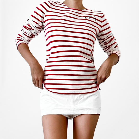 White Red Striped Long Sleeve Crewneck Pullover Top Size XS/S